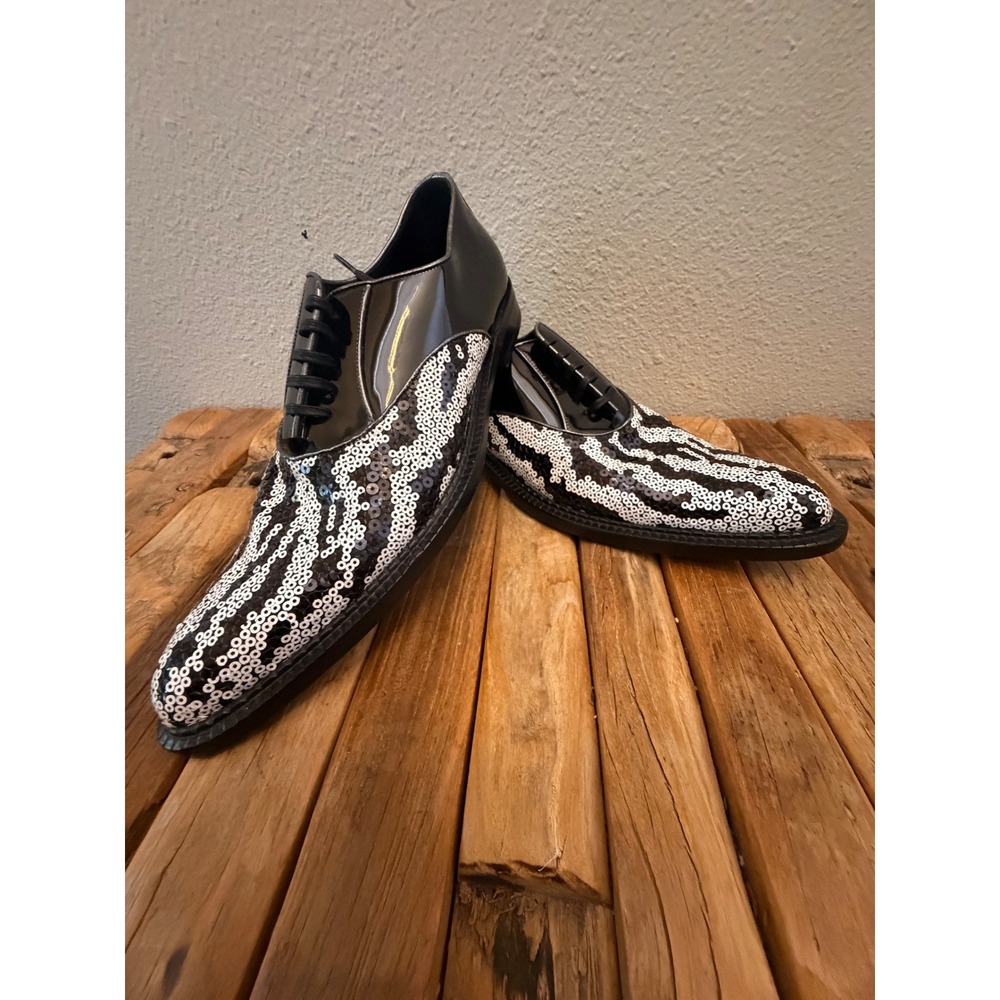 Dolce & Gabbana Oxford Shoes 39 Black White Sequin Zebra Patent Leather Italy